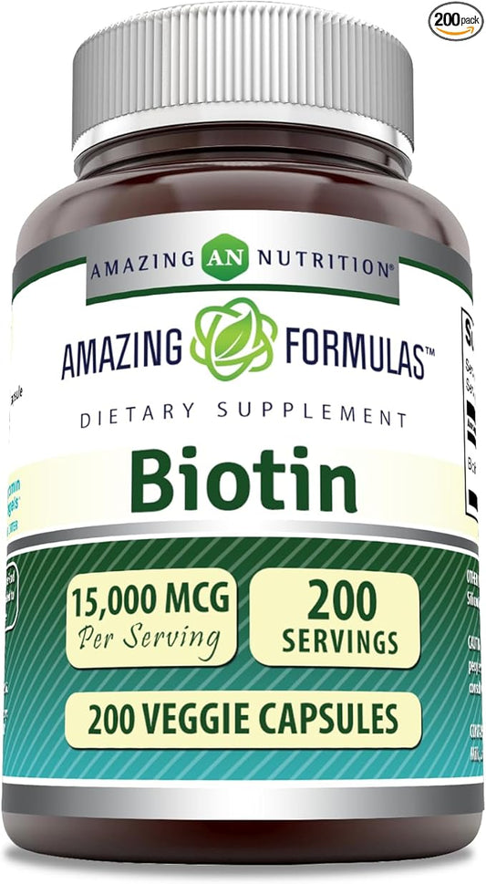 Amazing Formulas Biotin 15000 mcg - Supports Healthy Hair, Skin & Nails - Promotes Cell Rejuvenation - Supports Healthy Metabolism & Digestive Health (200 Capsules)