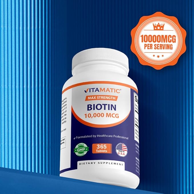 Vitamatic Biotin 10,000 mcg (10 mg) for Stronger Hair, Skin & Nails - 365 Vegan Tablets- Also Called Vitamin B7