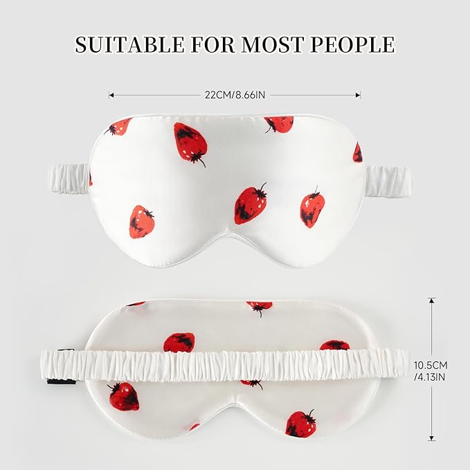 THXSILK Sleep Mask 100% 19 Momme Pure Mulberry Silk Super Smooth Cooling Decorative Sleep Eye Mask Blackout Eye Cover with Wide Head Strap, Strawberry-White