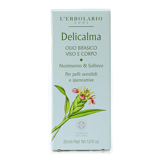 L'Erbolario Delicalma Two-Phase Face And Body Oil - Ginger Extract protects The Skin - Plum And Sunflower Oil Provide Organic Nourishment And Relief - For Sensitive And Hyper-Reactive Skin - 1 Oz