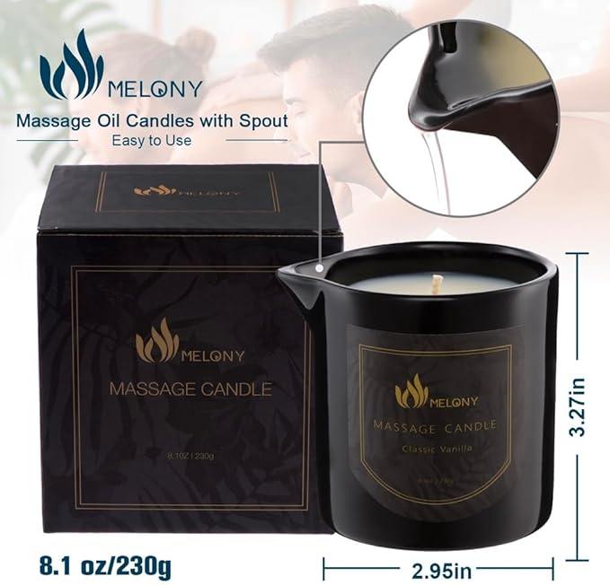 MELONY Massage Oil Candle for Pure Relaxation- 8.1 oz- Moisturizing Essential Oil Body Massage Candle for Home Spa- Amazing Gift for Women & Men (Classic Vanilla)