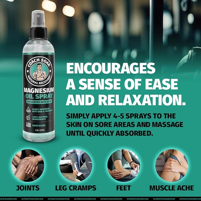 Coach Soak Eucalyptus Magnesium Lotion & Magnesium Oil Spray with MSM - 8oz Topical Spray for Feet & Body and 3.4oz Natural Cream for Muscle & Joint Relaxation