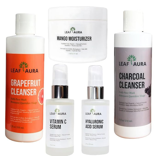 Skin Care Products Combo (5 Items) - Comes With Charcoal Cleanser, Grapefruit Cleanser, Vitamin C Serum, Hyaluronic Acid, Mango Moisturizer- Made with Natural + Organic Formula