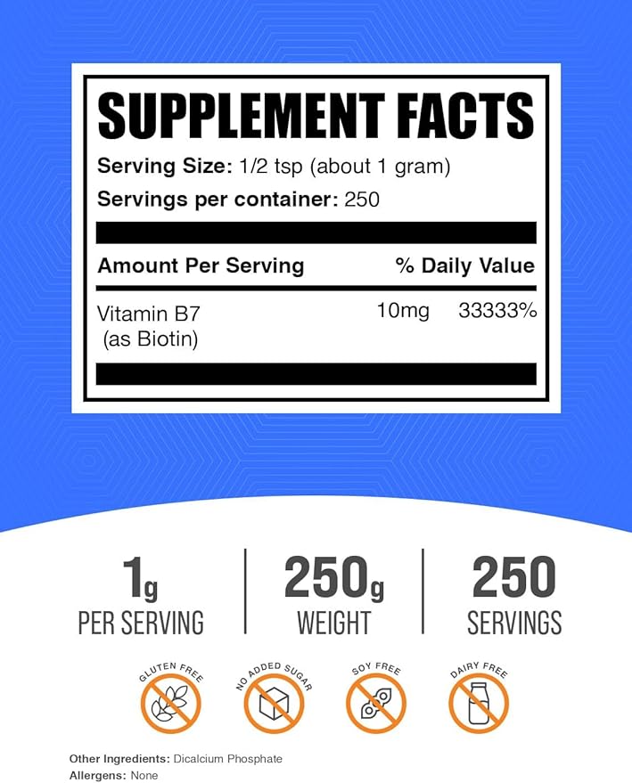 BulkSupplements.com Biotin 10000mcg Powder - Biotin Powder, Biotin Supplement, Biotin Vitamins for Hair Skin and Nails - Gluten Free, 1000mg per Serving (10mg Biotin), 250g (8.8 oz)