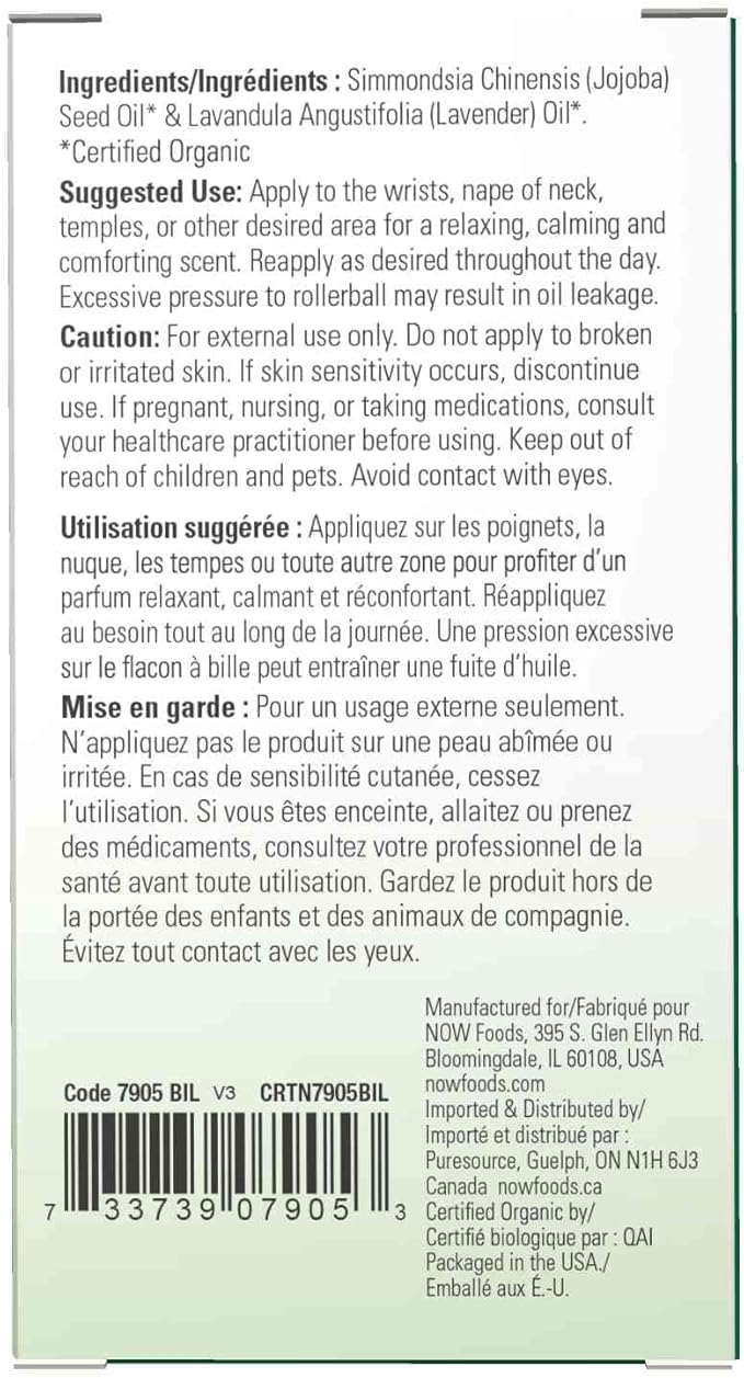 NOW Foods Essential Oils, Lavender Roll-On, Certified Organic, Calming Blend, Steam Distilled, Topical Aromatherapy, 10-mL