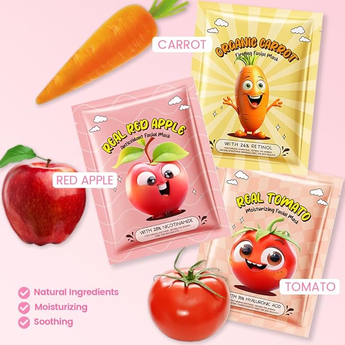 Kaely 6 Pack Fruit Face Masks for Kids, Kids Face Mask Spa Day kit Supplies, Spa Party Favors for Teens Girls Women, Sheet Facial Mask Skincare Gifts Set, Moisturize Soothe for All Skin Types, 02