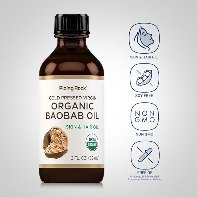 Piping Rock Baobab Oil Organic | 2 fl oz | For Hair, Skin, and Face | Cold Pressed Virgin