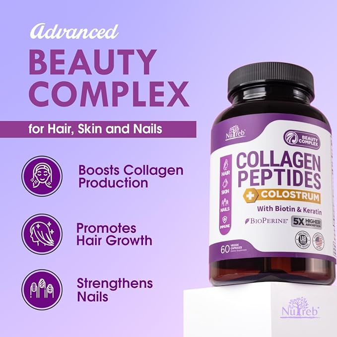 Collagen Peptides for Women with Colostrum, Biotin and Keratin - Type I, II, III, V, X - 5X Higher Absorption - Hair Skin and Nails Vitamins - Collagen for Women - Collagen Pills - 60 Capsules