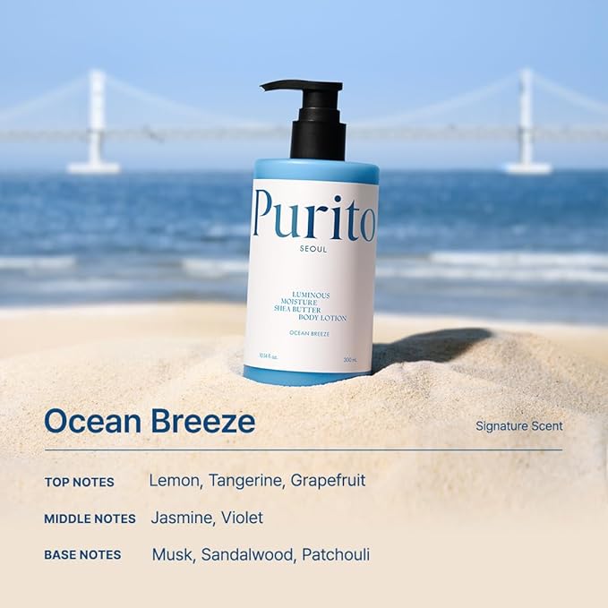 PURITO Luminous Moisture Shea Butter Body Lotion, Shea Butter, Gentle on Skin, Moisturizing, Dry Skin, Pump Bottle, K-Beauty, 300ml / 10.14 fl. oz. (Ocean Breeze, 10.14 fl. oz.)