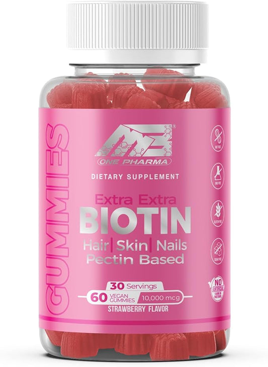 MB One Biotin Gummies - Healthy Hair, Skin and Nails Strengthening, Vitamin B7, Vegan Biotin 10000 Mcg (60 Gummies) Non-GMO, Pectin-Plant-Based, for Kids and Adult, Strawberry Delicious Flavor