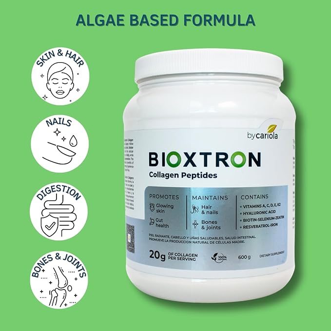 Bioxtron Collagen Peptides Powder - Skin Support, Hair & Nails Support - Stem Cell Renewal Bones & Joinst Support - Type I Collagen - AFA Hyaluronic Acid - 21 Oz