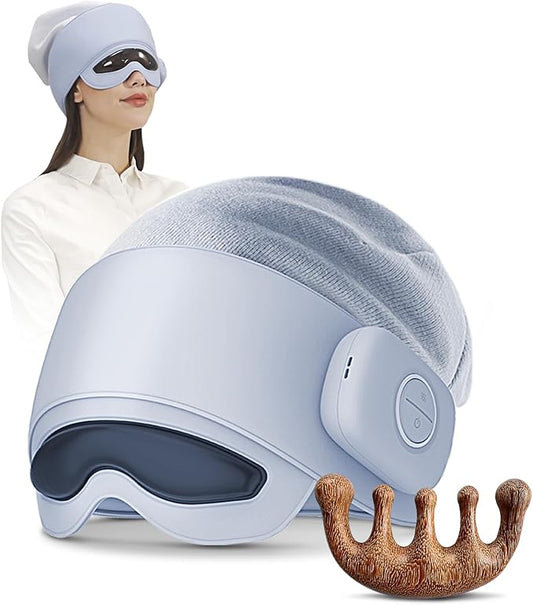 Head Massager with Eye Mask for Fatigue Relief, 4 Modes, 2 Heat Settings, Bluetooth-Capable, Rechargeable,Ideal for Rest & Relaxation, Gift Wooden Comb, Portable, Gifts for Family and Friends