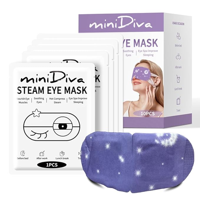 Minidiva Steam Eye Mask for Dry Eyes, 10Pcs Self Heating Spa Warm Eye Mask Relax Sleep Mask, Disposable Heated Eye Mask for Dark Circles Eye Fatigue, Relieve Stress Eye Fatigue (Lavender)