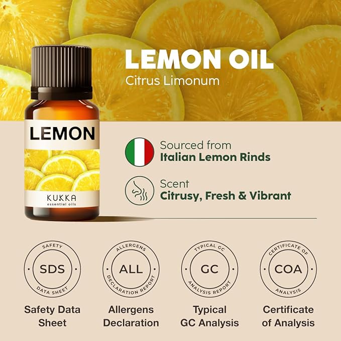 Kukka Lemon Essential Oil for Skin, Diffuser & DIY - 0.34 Fl Oz - 100% Pure Natural, Fresh Lemon Scent, for Cleaningï¼ŒAromatherapy,Candles,Soap Making Scent DIY