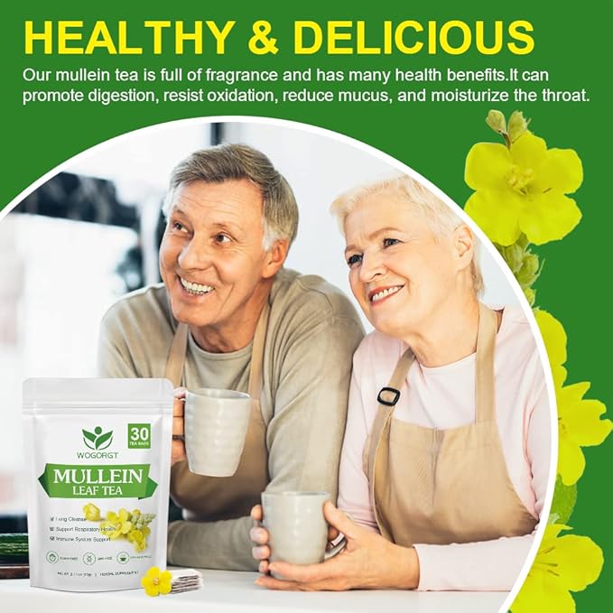 Mullein Tea Bags - Organic Mullein Leaf Tea for Lungs Cleanse and Respiratory Support, Caffeine Free - 30 Tea Bags