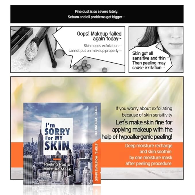 I'M SORRY FOR MY SKIN Peeling Pad & Moisture Mask, Korean Toner & Exfoliating Face Pads, Makeup Remover Cotton Rounds, Glass Skin Self Care Items, 2-Step Skin Care Travel Essentials Kit (Set of 10)