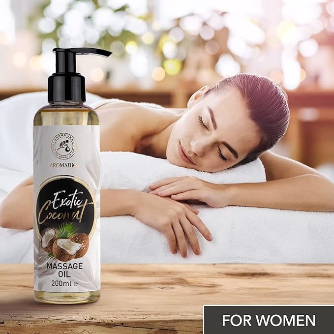 Massage Oil Coconut 6.8 Fl Oz (200ml) - Body Oil with Coconut - Jojoba - Almond - Grapeseed - Peach Kernel Oils - Aromatherapy Oil - Relax Oil - Good Sleep Oil - Calming Oil