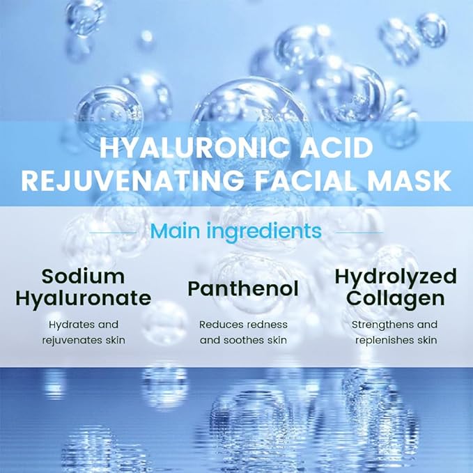 Hyaluronic Acid Face Masks Skincare,Facial Mask Care Korean,Nourish,Deep Moisturizing,Atural Skin Care Spa Face Mask,Hydrating Smoothing Face Masks for Women Men,for All Skin Types 6 Pack