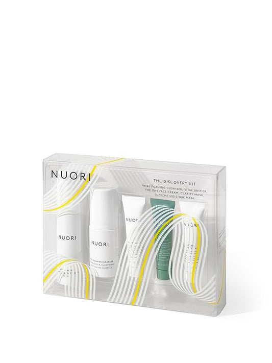NUORI Discovery Kit | 5 Products, Including Vital Unifier, Vital Foaming Cleanser, Clarity Mask, The One Face Cream & Supreme Moisture Mask, For All Skin Types