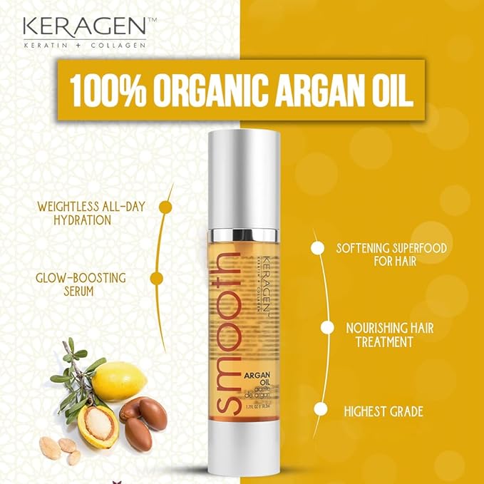 KERAGEN - Nourishing Hair Serum for Dry Damaged Hair - Argan Oil for Hair Treatment - Brilliant Shine, Heat Protection with Paraben, Phthalate and Sulfate Free Formula (1.7 Oz)