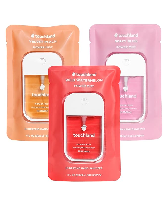 Touchland Power Mist Hydrating Hand Sanitizer Spray, JUICY Trio Set (Watermelon, Peach, Berry), 1 FL. OZ. Travel Size (Set of 3)