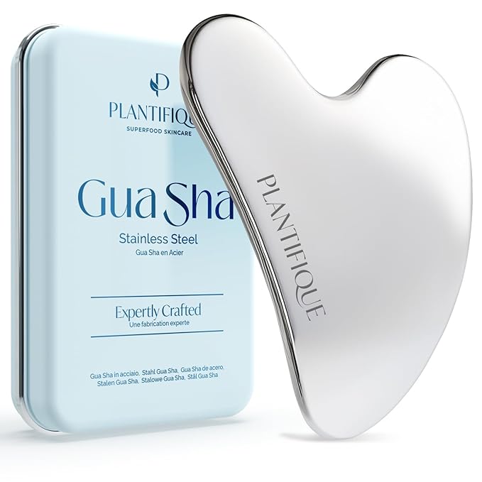 PLANTIFIQUE Stainless Steel Gua Sha | Facial Tool | Skin Massage for Face Body Eyes Neck Heart Style with Travel Pouch | Skin Care Gift