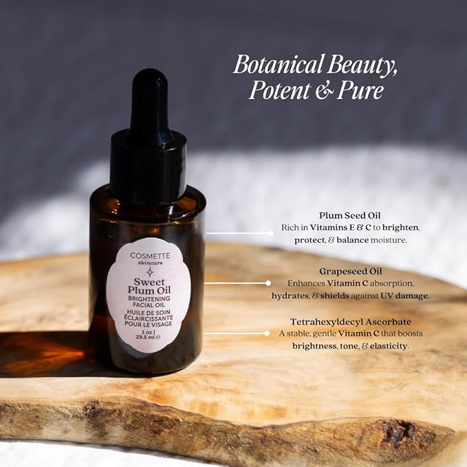 Cosmette Sweet Plum Vitamin C Facial Oil With Grape Seed, Almond, Coconut & Castor Oils, Hydrating Daily Face Oil to Support & Protect Skin Health, Plant Based Natural Skin Care, Vegan, 1 FL Oz