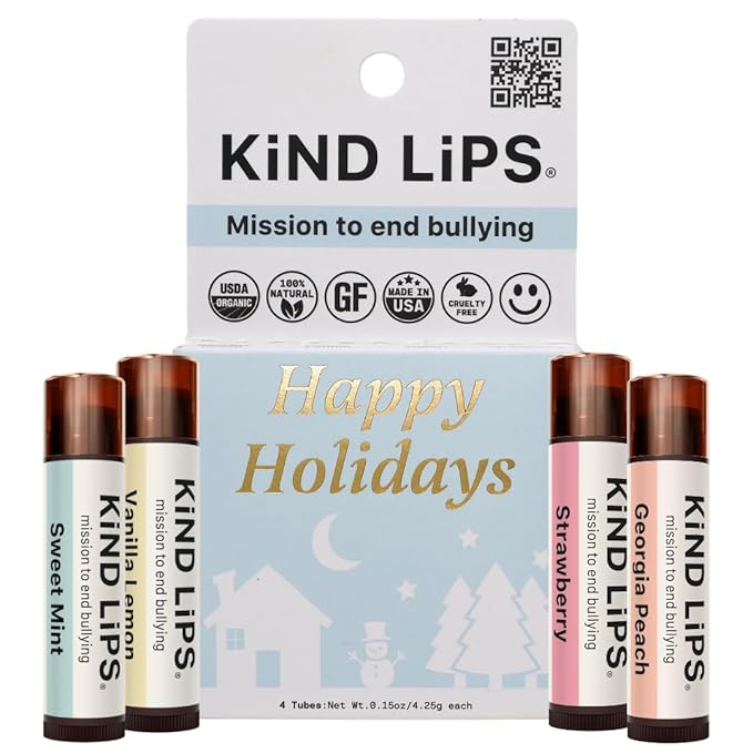 Holiday Lip Balm Gift Set – Variety 4-Pack Kind Lips Organic | Festive Flavors, Gluten-Free, Hydrating, Moisturizing, Natural, Cruelty-Free, USDA Certified, Non-Greasy