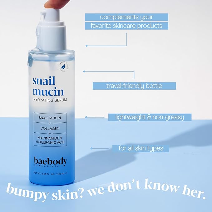Baebody Snail Mucin Serum Moisturizer 3.38 fl.oz 100ml, Hydrating Serum for Face with Collagen - Snail Mucin Moisturizer for Youthful Smooth Skin