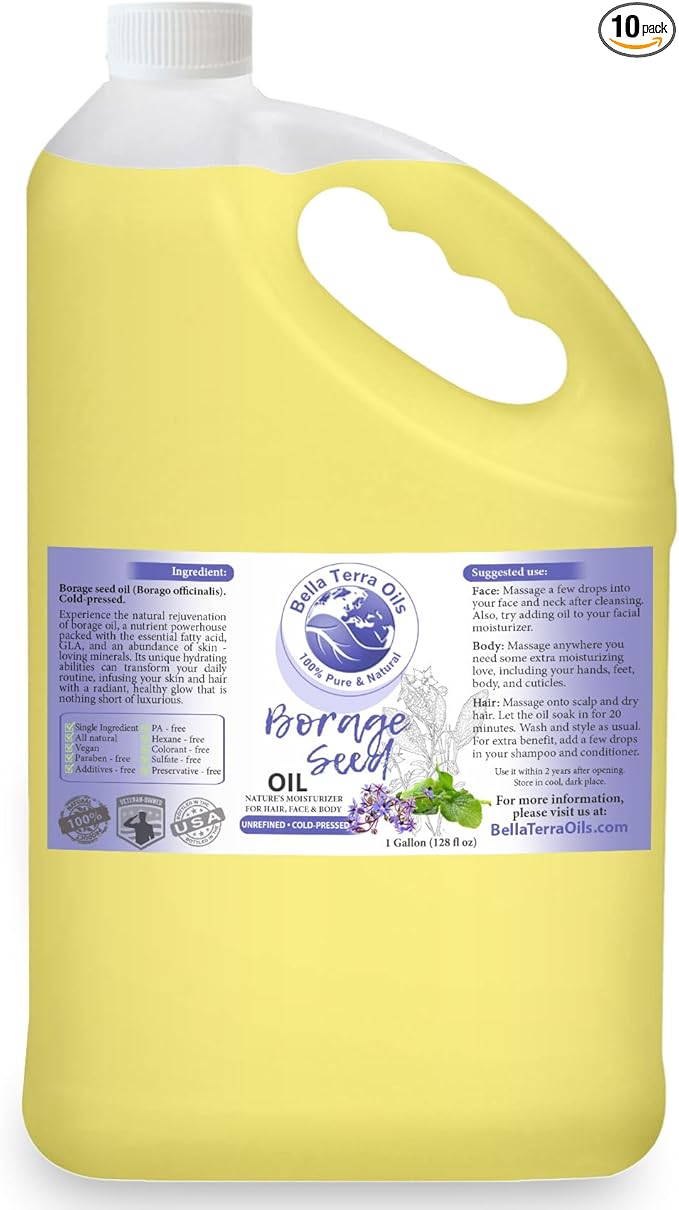 Borage Seed Oil with High GLA – 1gallon, for Supple, Hydrated Skin, Nourishing, Non-Greasy, Revitalizing – Bella Terra Oils
