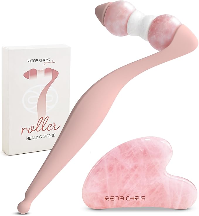 Rena Chris Facial Roller and Gua Sha Set - Jade Gua Sha Facial Tools & Face Roller with Aluminum Alloy Handle and 316 Stainless Steel Shaft for Puffiness Reducing,Skin Care Gift for Women