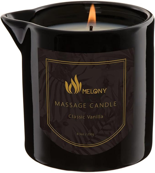MELONY Massage Oil Candle for Pure Relaxation- 8.1 oz- Moisturizing Essential Oil Body Massage Candle for Home Spa- Amazing Gift for Women & Men (Classic Vanilla)