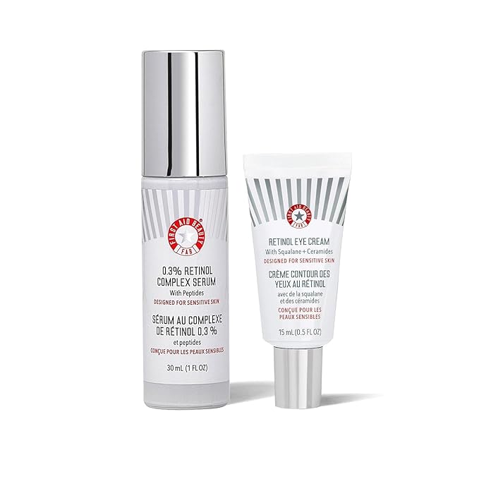 First Aid Beauty - Retinol Bundle: 0.3% Retinol Complex Serum with Peptides, 1 oz, & Retinol Eye Cream with Squalane + Ceramides, 0.5 oz, Improves Look of Lines & Wrinkles with Less Irritation, 2ct