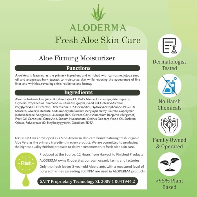Aloderma Aloe Vera Firming Facial Moisturizer with 72% Organic Ingredients - Nourishing & Replenishing - Natural Face Lotion for Aging Skin - Smooths the Appearance of Fine Lines & Wrinkles, 3.5oz