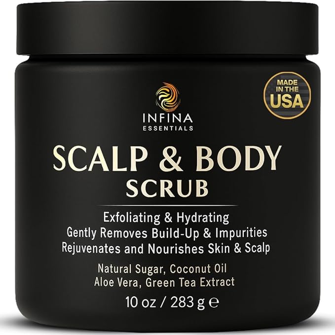 Scalp and Body Scrub – Exfoliating Sugar Cleanser with Coconut Oil, Menthol & Aloe – Dual-Use Polisher for Dry Skin & Flaky Scalp – Soothing, Cooling & Hydrating - INFINA ESSENTIALS | 8.45 fl oz
