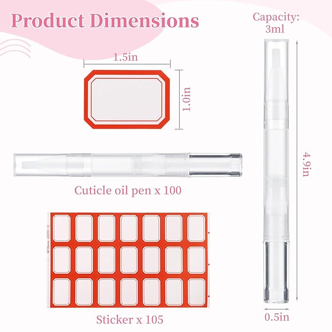 Homaisson 100 Pack 3ml Transparent Twist Pen with Stickers, Empty Cuticle Oil Pen Refillable Nail Oil Pens with Brush Tip, Empty Cosmetic Lip Gloss Tubes, Clear Eyelash Growth Liquid Containers