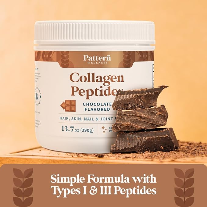 Pattern Wellness Collagen Peptides Powder (Type I & III) - Hair, Nails, Skin and Joint Health - Grass Fed & Pasture Raised - Hydrolyzed Collagen, Non-GMO, Dairy Free, & Keto - Chocolate (13 Oz)