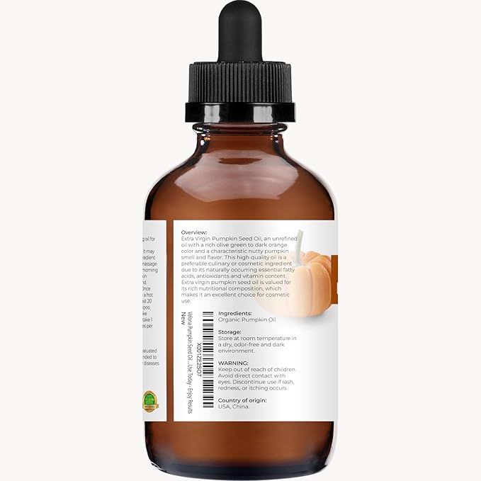 velona Pumpkin Seed Oil USDA Certified Organic - 4 Fl Oz | 100% Pure and Natural Carrier Oil | Unrefined, Cold Pressed | Cooking, Face, Hair, Body & Skin Care | Use Today - Enjoy Result