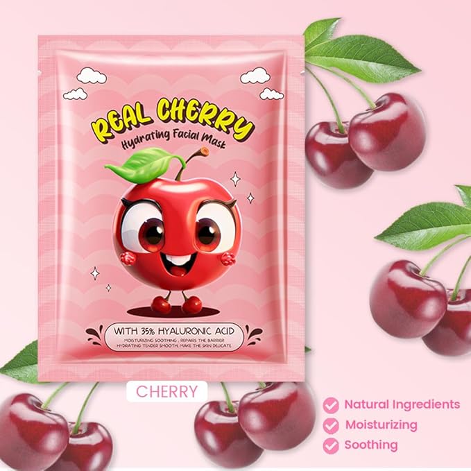 Kaely 12 Pack Cherry Face Masks for Kids, Kids Face Mask Spa Day kit Supplies, Spa Party Favors for Teens Girls Women, Sheet Facial Mask Skincare Gifts Set, Moisturize Soothe for All Skin Types, 05