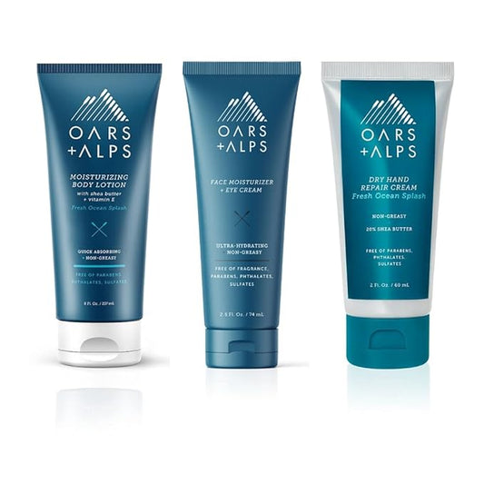 Oars + Alps Hydration Boost Bundle, Includes Face Moisturizer and Eye Cream, Hand Repair Cream, and Body Lotion for Hydrating Skin