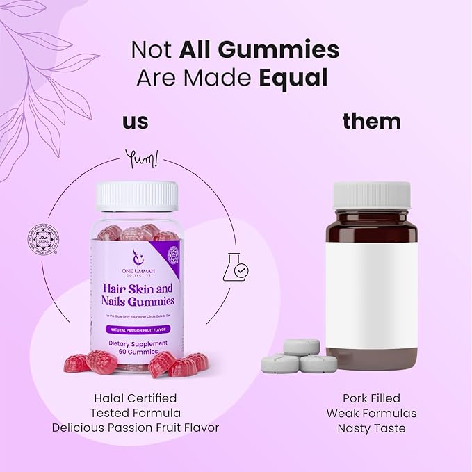 Halal Certified Hair, Skin, & Nails Gummies - Packed with Biotin, Collagen, Folate, & Essential Beauty Vitamins for Strong Hair, Glowing Skin & Healthy Nails - Easy Digestion & High Absorption - 60 ct
