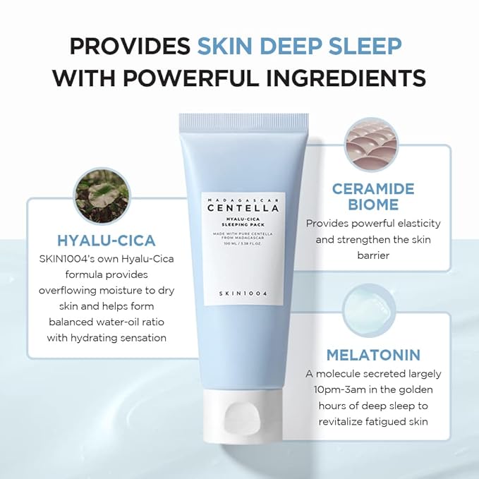 SKIN1004 Hyalu-CICA Sleeping Pack 3.38 fl.oz, 100ml Melatonin Hyaluronic Acid Centella Asiatica Extract Moist and Revitalization Multi Care Solutions