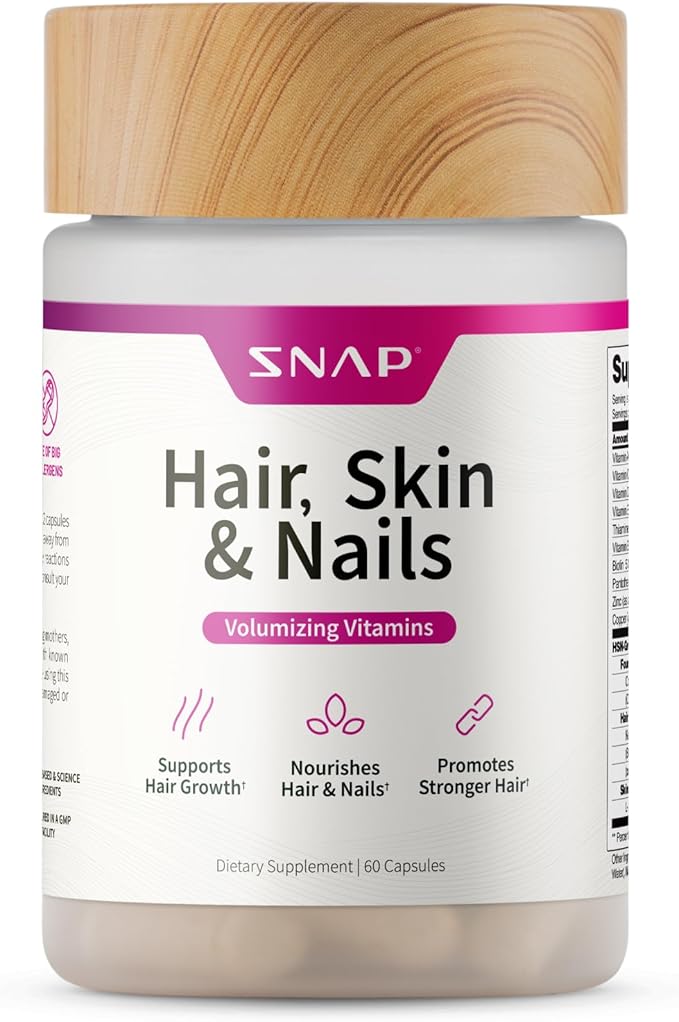Snap Supplements Hair, Skin and Nails Vitamins, Support Hair Growth, Nourish Skin and Nails with Biotin, Collagen, Kelp, Bamboo and Other Vitamins, Radiant Skin, Strong Hair and Nails, 60 Capsules