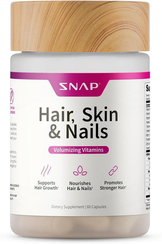 Snap Supplements Hair, Skin and Nails Vitamins, Support Hair Growth, Nourish Skin and Nails with Biotin, Collagen, Kelp, Bamboo and Other Vitamins, Radiant Skin, Strong Hair and Nails, 60 Capsules