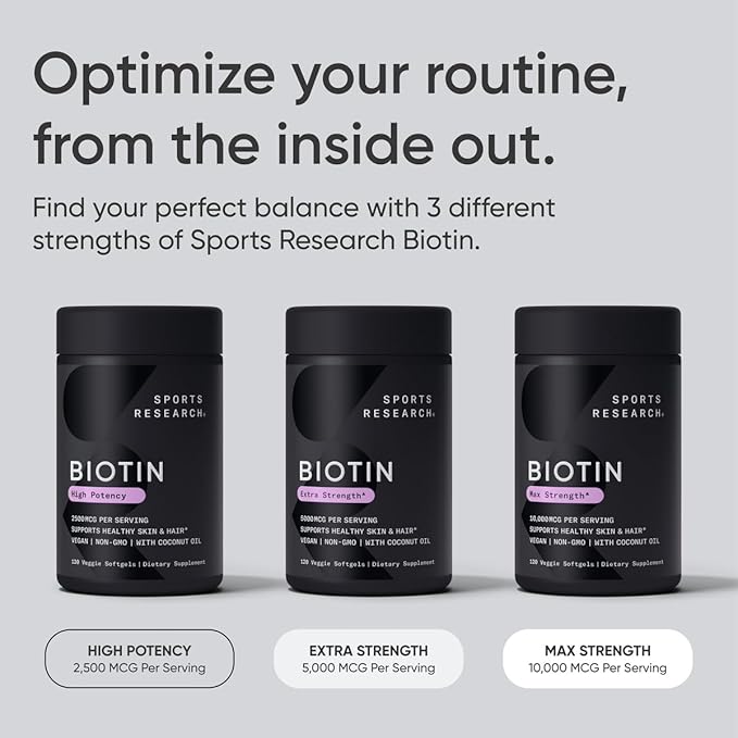 Sports Research® Biotin 10,000mcg with Organic Coconut Oil - Biotin (Vitamin B7) for Healthy Skin and Hair Support* - for Women and Men - Vegan, Non-GMO, Gluten & Soy-Free - 120 Veggie Softgels