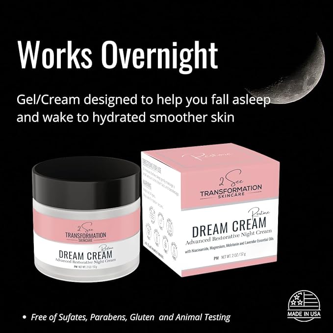 Dream Cream Menopause Skincare Night Cream - Wake Up Rested + Restored with Hyaluronic Acid, Niacinamide, Peptides, Melatonin and Magnesium. Overnight Face Mask by 2 See Transformation