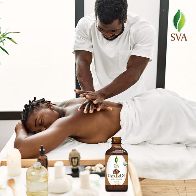 SVA Clove Essential Oil Organic – 4 Fl Oz – 100% Natural Organic Clove Oil - for Diffuser, Hair Care, Face, Skin Care, Aromatherapy, Scalp and Body Massage, Soap and Candle Making - with Dropper