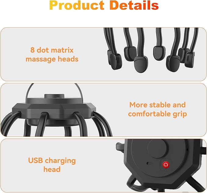 Electric Scalp Massager, Head Massager Scalp Stress Relax, Kneading Hair Massage with 3 Modes, 360 Degree Hair Massager, Cordless Portable Head Scratcher for Stress Relax
