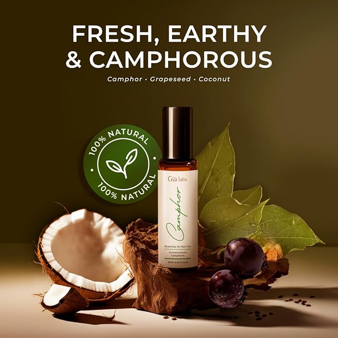 Gya Labs Camphor Essential Oil Roll on - Soothing Chest Rub Aromatherapy, 100% Pure Natural Camphor Oil Roller, Travel Size (0.34 Fl Oz)