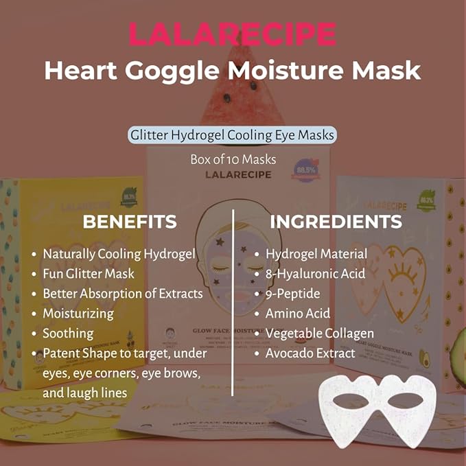 Heart Goggle Moisture Eye Mask – Hydrating & Cooling Hydrogel Patches with 8-Hyaluronic Acid, Avocado & Collagen – Korean Skincare for Dry & Sensitive Skin (Pack of 10)